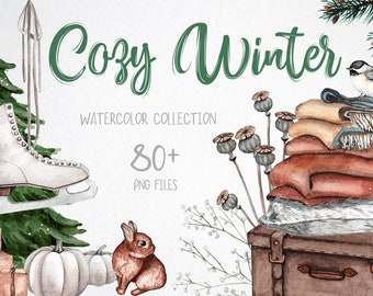 Aquarel gezellige winter clipart. Kerstmis en Nieuwjaar DIY decor clipart. Vakantie Kerst clipart. Kerstboom, bosdieren wenskaart