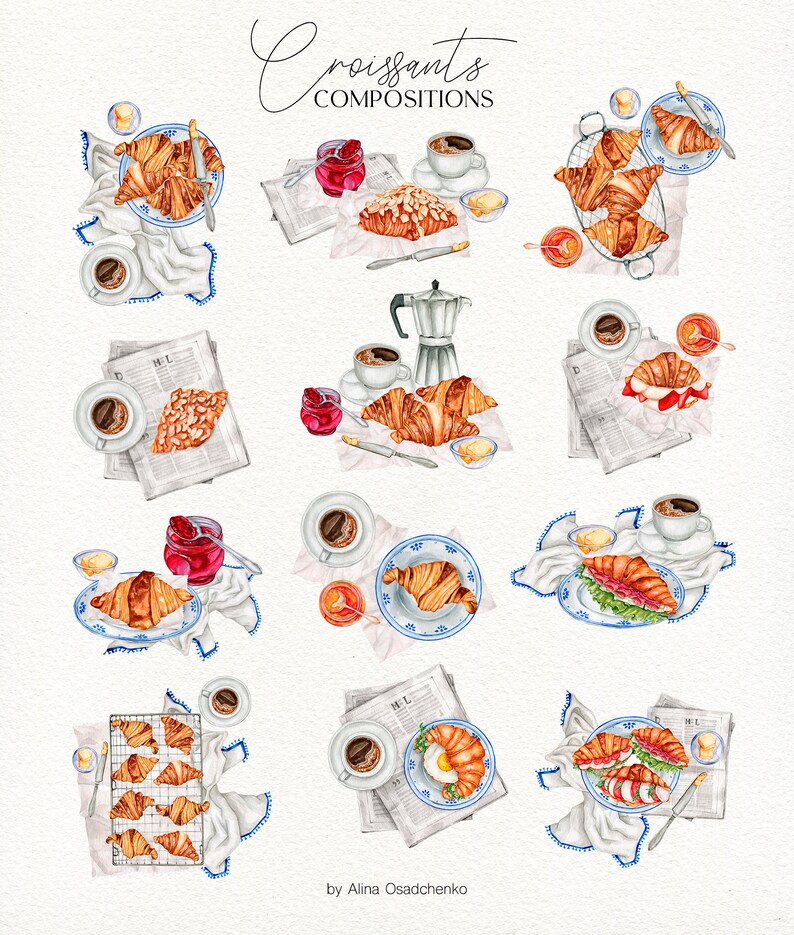 Watercolor Breakfast Croissants Clipart Collection. Sweet - Etsy