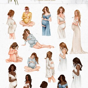 Op de afbeelding: Een set van 20 aquarel illustraties van zwangere vrouwen. De vrouwen worden afgebeeld in verschillende poses en dragen verschillende kleding. De illustraties zijn in een zachte, gedempte kleurenpalet en hebben een delicate, vrouwelijke uitstraling. De tekst "Mother to Be" en "20 Watercolors" is opgenomen in de afbeelding.