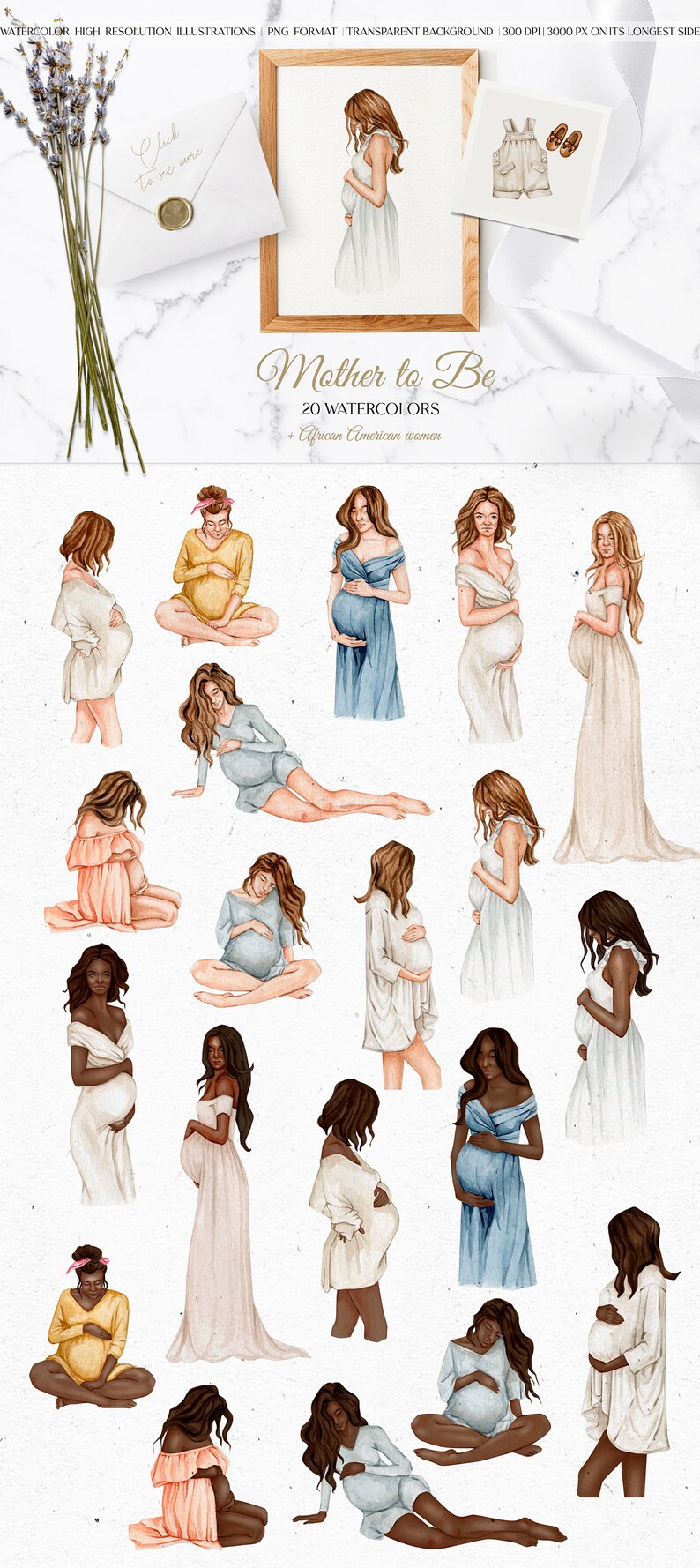 Op de afbeelding: Een set van 20 aquarel illustraties van zwangere vrouwen. De vrouwen worden afgebeeld in verschillende poses en dragen verschillende kleding. De illustraties zijn in een zachte, gedempte kleurenpalet en hebben een delicate, vrouwelijke uitstraling. De tekst "Mother to Be" en "20 Watercolors" is opgenomen in de afbeelding.