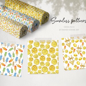 Pode incluir: Padr&otilde;es sem costura em aquarela com temas de ver&atilde;o. Os designs incluem lim&otilde;es, picol&eacute;s e roupas de banho. Amostras de tecido enroladas exibem os padr&otilde;es. Arquivos PNG individuais com fundo transparente est&atilde;o dispon&iacute;veis.