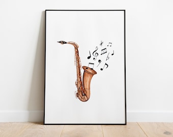Watercolor saxophone PRINTABLE wall art Saxophone music poster for instant download Musician room decor Digital print home decor