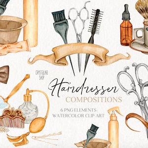 Watercolor hairdresser clipart. Hand drawn hair stylist illustrations for DIY logo creator. Hairdresser professional watercolor clip art.