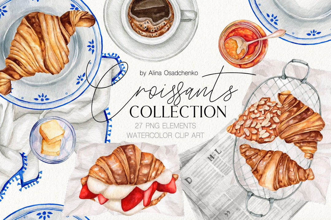 Watercolor Breakfast Croissants Clipart Collection. Sweet Croissant ...