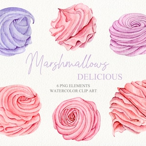 Watercolor meringues marshmallows clipart Pastel pink sweet cream dessert Bakery logo design pastry clip art Birthday party clipart