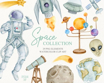 Clipart ad acquerello sullo spazio esterno L'insegnante di astronomia fornisce stelle e clipart celesti Illustrazioni ad acquerello dell'universo della galassia