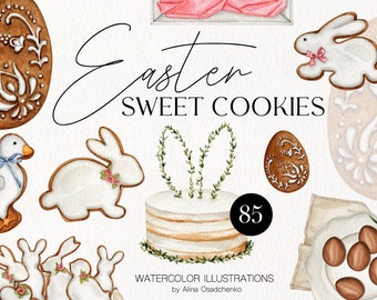 Watercolor Easter sweets cookies clipart illustration Easter chocolate bunny and eggs png Easter bread and cake clipart Happy Easter food