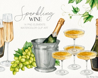 Aquarell Sekt Clipart Romantisches Glas Champagner Wein und weiße Trauben Restaurant Getränke Menü druckbare Clipart