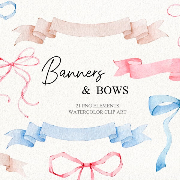 Watercolor ribbon banners and bows clipart Birthday party banners Wedding invitations Graphics for scrapbook album and planner stickers
