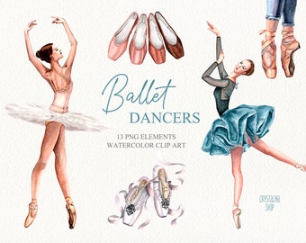 Watercolor ballet dancer clipart Watercolor ballerinas Ballet shoes and pink girl dress clipart Music box with ballerina