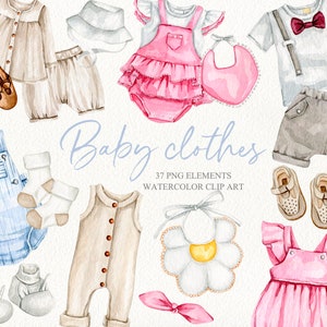 Aquarel baby kleding clipart. Babyshower clipart. Kinderkamer decor clipart. Pasgeboren kleding & schoenen clipart. Kinderen mode kleding clipart.
