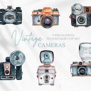 May include: Nine watercolor illustrations of vintage cameras. The cameras are in various colors, including black, brown, gold, and blue. Some cameras have a flash attached. The text "Vintage Cameras" is written in blue and white.