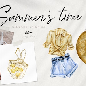 Pode incluir: Ilustra&ccedil;&atilde;o em aquarela com o texto "Summer's time". A imagem apresenta um chap&eacute;u de palha, &oacute;culos de sol, uma camisa amarela abotoada, cal&ccedil;&otilde;es de ganga, uma sacola com lim&otilde;es e uma c&acirc;mera. A cole&ccedil;&atilde;o inclui 60+ arquivos PNG.