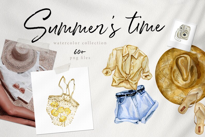 Pode incluir: Ilustra&ccedil;&atilde;o em aquarela com o texto "Summer's time". A imagem apresenta um chap&eacute;u de palha, &oacute;culos de sol, uma camisa amarela abotoada, cal&ccedil;&otilde;es de ganga, uma sacola com lim&otilde;es e uma c&acirc;mera. A cole&ccedil;&atilde;o inclui 60+ arquivos PNG.