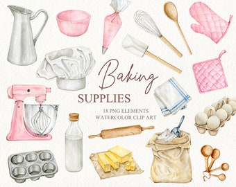 Watercolor baking supplies clipart Hand drawn bakery logo design DIY Cooking culinary digital clip art Pink pastel kitchen utensils