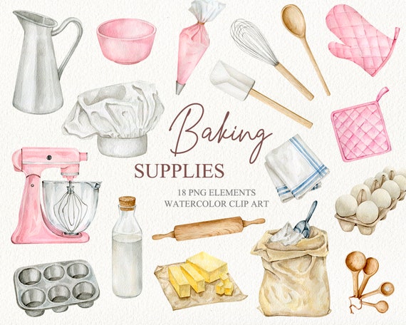 Watercolor baking supplies clipart Hand drawn bakery logo design DIY  Cooking culinary digital clip art Pink pastel kitchen utensils