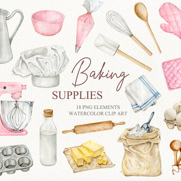Watercolor baking supplies clipart Hand drawn bakery logo design DIY Cooking culinary digital clip art Pink pastel kitchen utensils