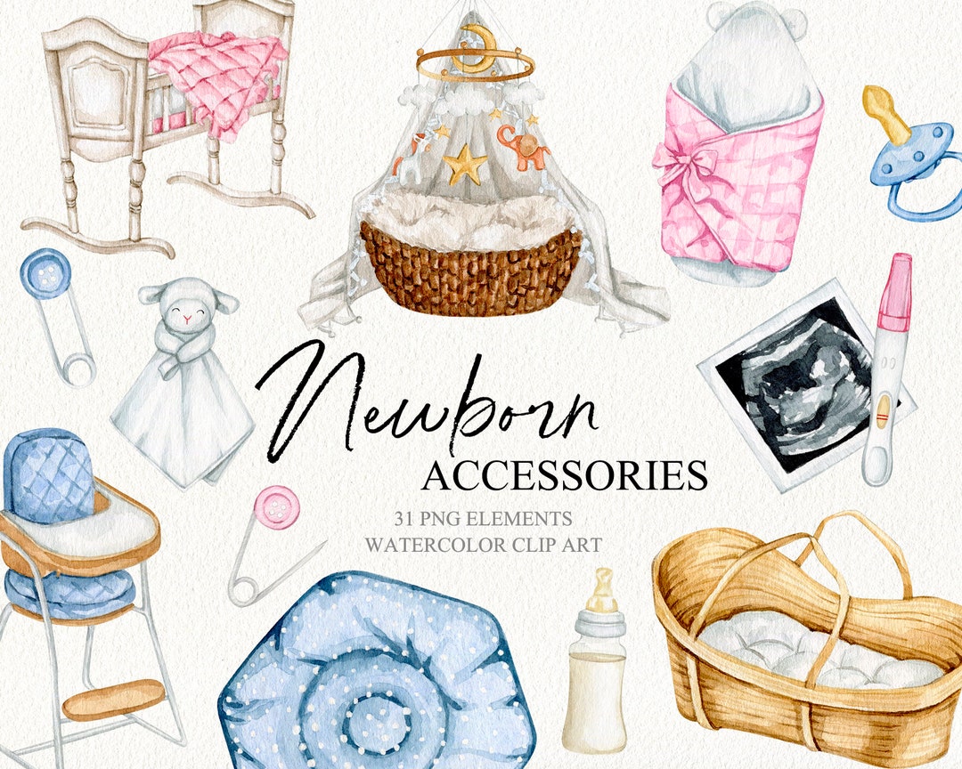 Watercolor Newborn Baby Accessories Clipart. Baby Shower Clipart