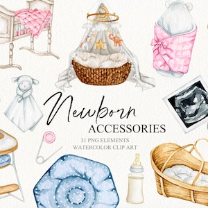 Watercolor newborn baby accessories clipart. Baby shower clipart. Nursery decor clipart. Baby cradle, stroller, nipple clipart.