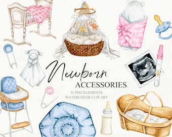 Watercolor newborn baby accessories clipart. Baby shower clipart. Nursery decor clipart. Baby cradle, stroller, nipple clipart.