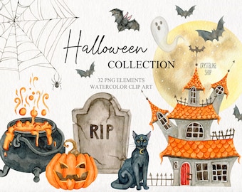 Watercolor spooky Halloween clipart Happy Halloween party decoration clipart Scrapbooking DIY set Halloween sweets and scary things