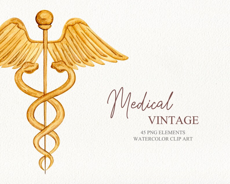 May include: Gold watercolor illustration of the medical symbol, the Rod of Asclepius, with a snake wrapped around it and wings on either side. The text "Medical Vintage 45 PNG Elements Watercolor Clip Art" is below the symbol.