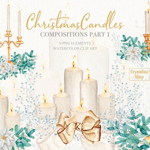Composições de velas de Natal em aquarela clipart ouro prata Holly arranjos de Natal DIY design de cartão comemorativo feriado inverno clipart