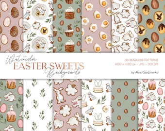 Watercolor Easter food digital paper pack for scrapbooking. Easter sweet cookies seamless pattern. Happy Easter digital paper pack