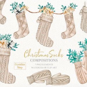 Meias e luvas de malha de Natal em aquarela com composições de presentes clipart Arranjos de Natal Holly Design de cartão de felicitações DIY