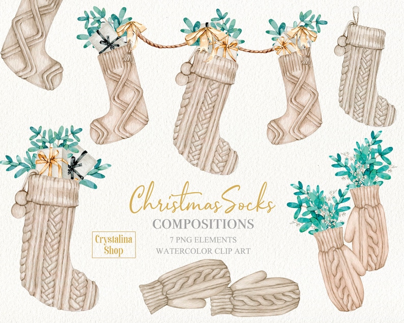 Acuarela Navidad calcetines de punto y mitones con composiciones de regalos clipart Holly Arreglos navideños DIY diseño de tarjeta de felicitación imagen 1