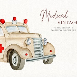 May include: Vintage watercolor illustration of a beige ambulance with a red cross on the side. The ambulance has red lights on top and a chrome bumper. The image is part of a medical vintage clip art set.