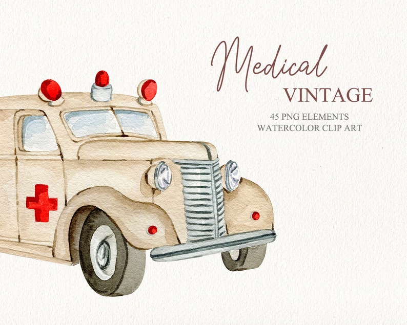 May include: Vintage watercolor illustration of a beige ambulance with a red cross on the side. The ambulance has red lights on top and a chrome bumper. The image is part of a medical vintage clip art set.
