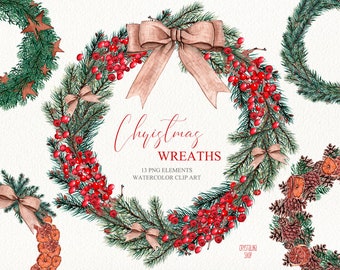 Aquarel Kerstkransen clipart illustraties Kerst frame decor Aquarel Winter Clipart Kerstvakantie DIY groet ansichtkaarten