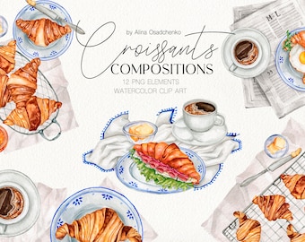 Watercolor breakfast croissants clipart collection. Sweet croissant & coffee clipart. Food illustration clipart. Home bakery logo creator.