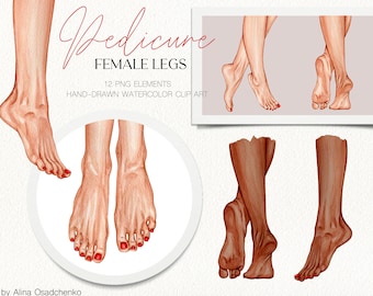Watercolor trendy pedicure female legs clipart. Red nails pedicure illustrations. Nail tech logo DIY creator. Nail business salon clipart