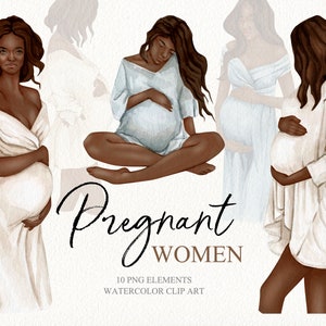 Clipart de mulheres negras grávidas em aquarela. Clipart de mulher grávida afro-americana. Clipart de gravidez e maternidade png. Clipart de chá de bebê.