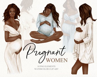 Aquarelle femme noire enceinte clipart. Clipart de femme enceinte afro-américaine. Grossesse & Maternité clipart png. Clipart de douche de bébé.