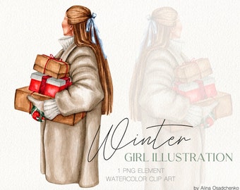 Winter fashion girl in watercolor style with Christmas gifts Girl friend gift card Sublimation PNG Design Christmas DIY card illustration