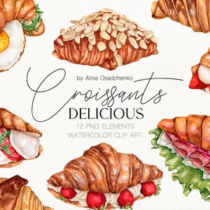 Watercolor breakfast croissants clipart. Sweet croissant with strawberry illustrations Food illustration clipart Home bakery logo printable.