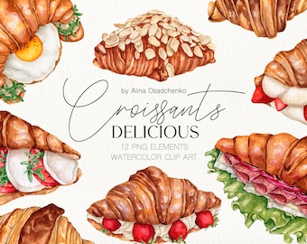 Watercolor breakfast croissants clipart. Sweet croissant with strawberry illustrations Food illustration clipart Home bakery logo printable.