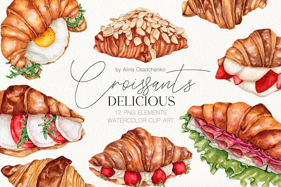 Watercolor Breakfast Croissants Clipart. Sweet Croissant With - Etsy