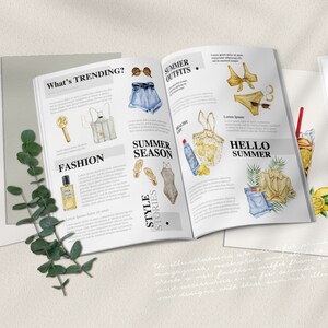 Pode incluir: Uma revista aberta com ilustra&ccedil;&otilde;es em aquarela de roupas de ver&atilde;o, acess&oacute;rios e uma bebida refrescante. O texto inclui "What's Trending?" e "Summer Outfits".