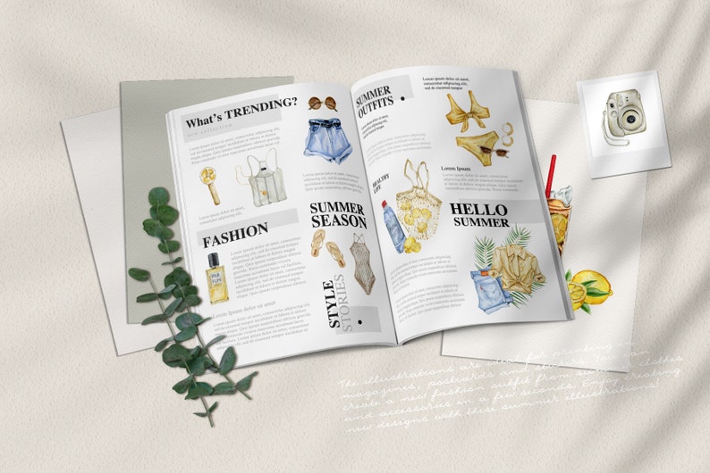 Pode incluir: Uma revista aberta com ilustra&ccedil;&otilde;es em aquarela de roupas de ver&atilde;o, acess&oacute;rios e uma bebida refrescante. O texto inclui "What's Trending?" e "Summer Outfits".