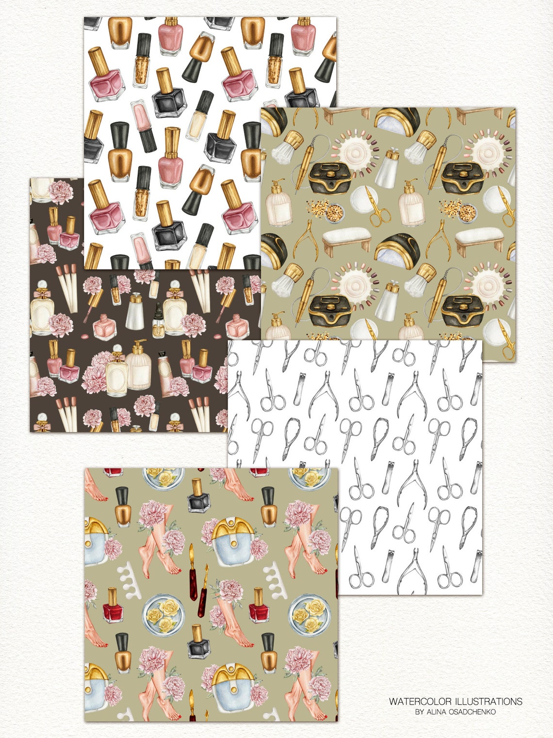 Nail Tech Paper Watercolor Nail Technician Digital Paper Pack for Scrapbooking ...