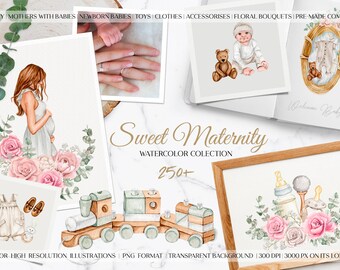 Clipart de maternidade em aquarela. Clipart de mulher grávida e bebês recém-nascidos. Clipart de chá de bebê. Clipart de berçário. Clipart DIY de bebê de aniversário.