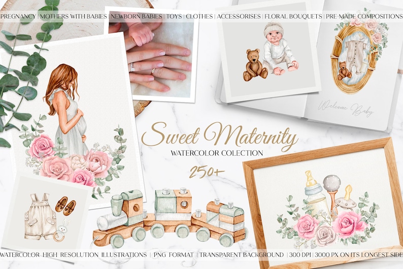 Op de afbeelding: Een verzameling aquarel illustraties met als thema zwangerschap en baby. De collectie bevat afbeeldingen van zwangere vrouwen, baby's, speelgoed, kleding, accessoires, bloemenboeketten en kant-en-klare composities. De tekst "Sweet Maternity Watercolor Collection 250+" staat op de afbeelding.