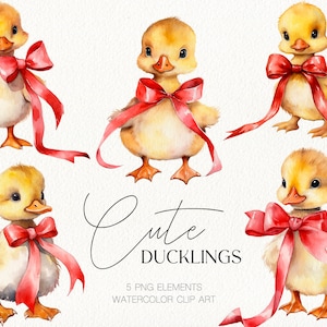 Patitos lindos con clip art de acuarela de lazo rojo para el día de San Valentín, baby shower, decoración de la guardería Patos encantadores Imágenes prediseñadas de acuarela digital PNG