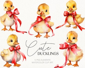 Cute ducklings with red bow watercolor clip art for Valentine's Day, Baby shower, nursery decor Lovely ducks Digital watercolor clipart PNG
