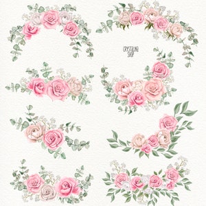 May include: A set of eight watercolor floral arrangements featuring pink roses, eucalyptus leaves, and white baby's breath. The arrangements are perfect for adding a touch of elegance to any project.