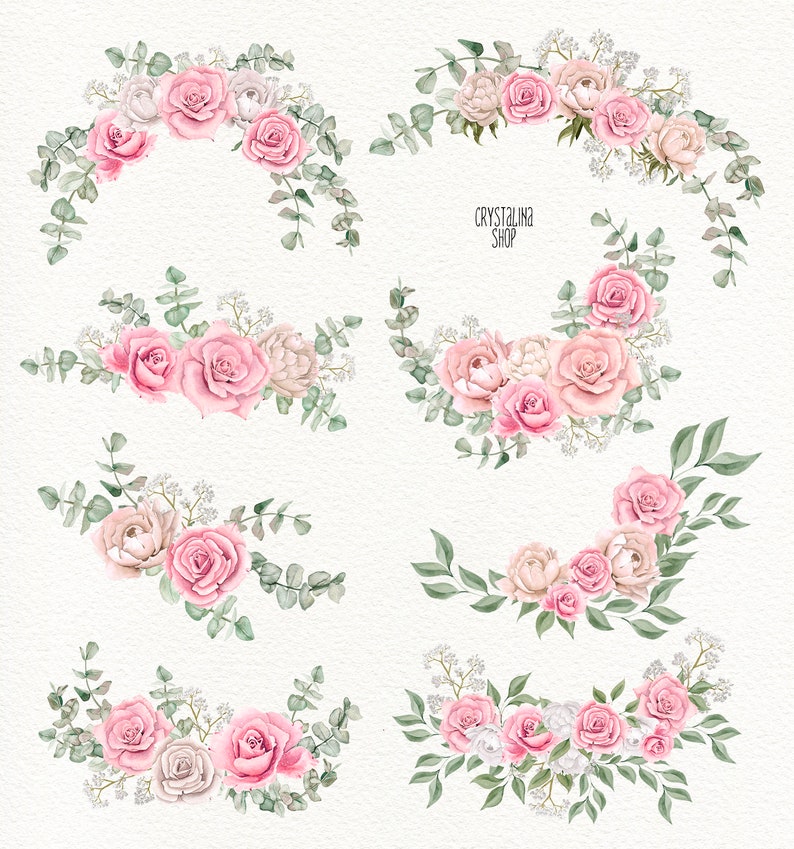 May include: A set of eight watercolor floral arrangements featuring pink roses, eucalyptus leaves, and white baby's breath. The arrangements are perfect for adding a touch of elegance to any project.